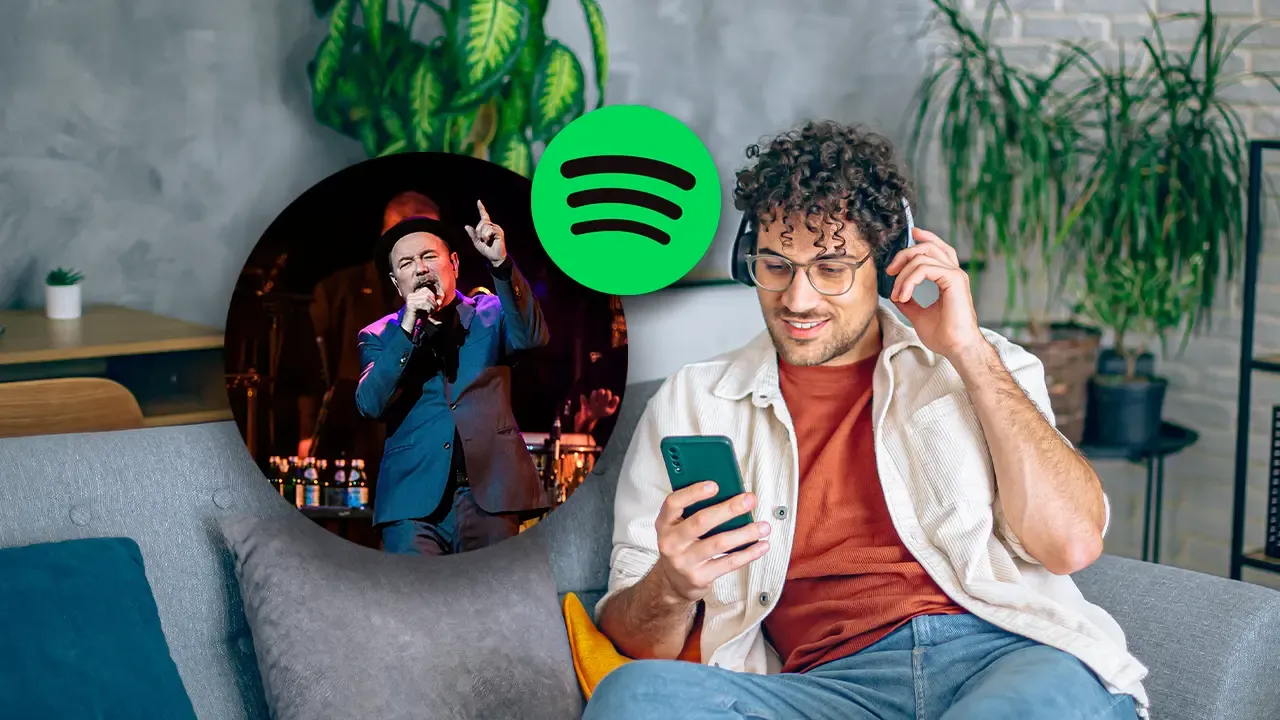 En la foto: Joven escuchando música con auriculares, en el circulo Rubén Blades y logo de Spotify